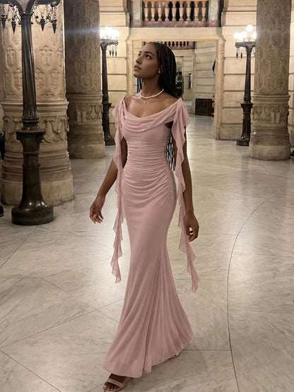 Aimishang Elegant Mermaid Off-Shoulder Cowl Neck Ruched Draped Chiffon Women's Evening Gown Party Dress