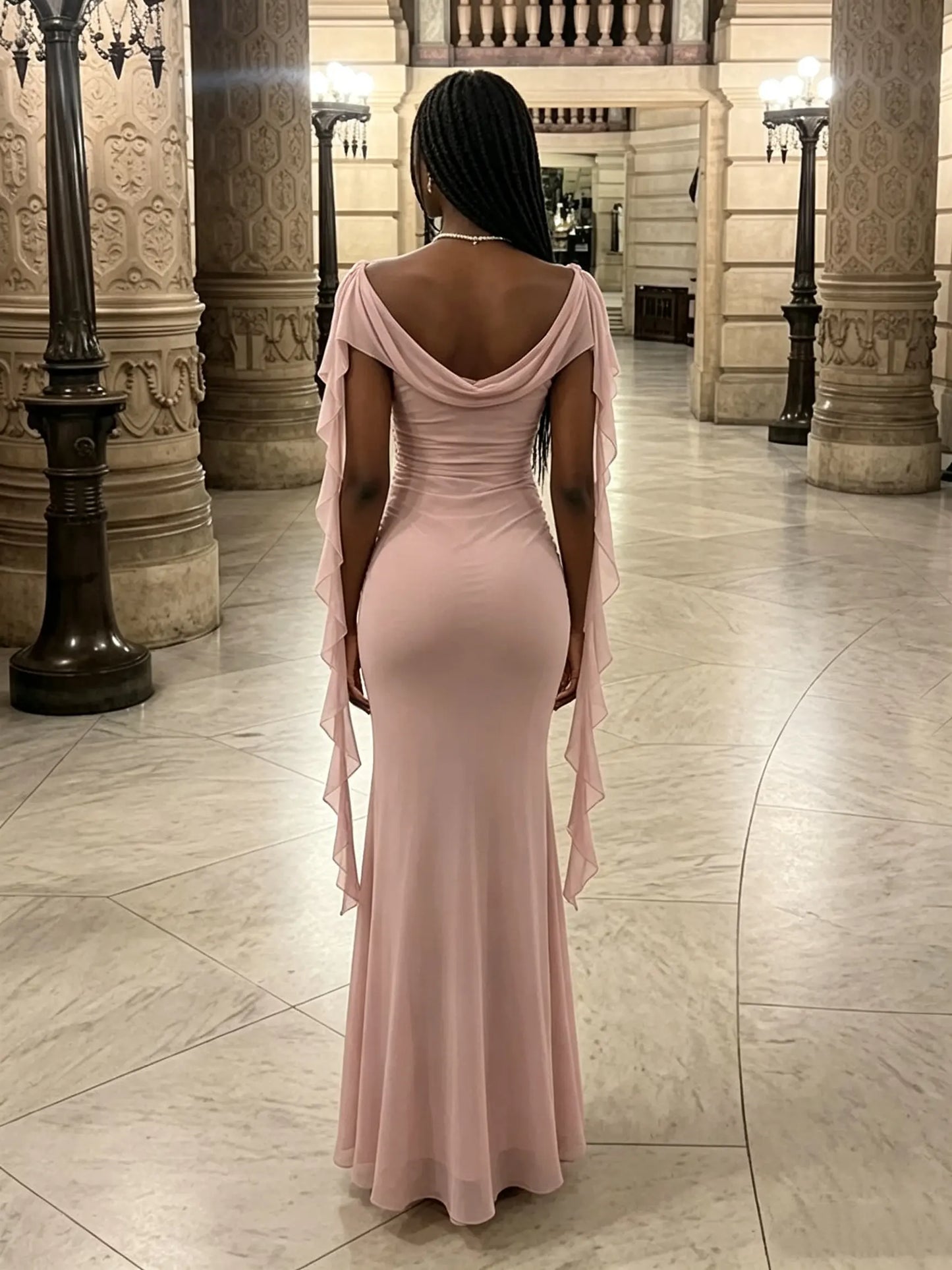 Aimishang Elegant Mermaid Off-Shoulder Cowl Neck Ruched Draped Chiffon Women's Evening Gown Party Dress
