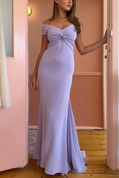 Elegant Mermaid Off-the-Shoulder Short Sleeve Twisted Back Floor-Length Women's Evening Dress