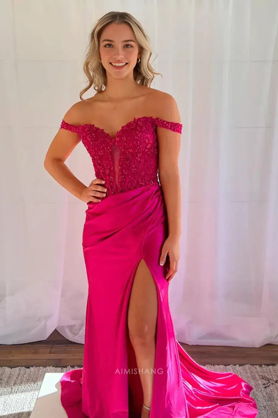 Aimishang Elegant Mermaid Off the Shoulder Long Formal Prom Dress Charming Evening Party Dress with Appliques and Slit