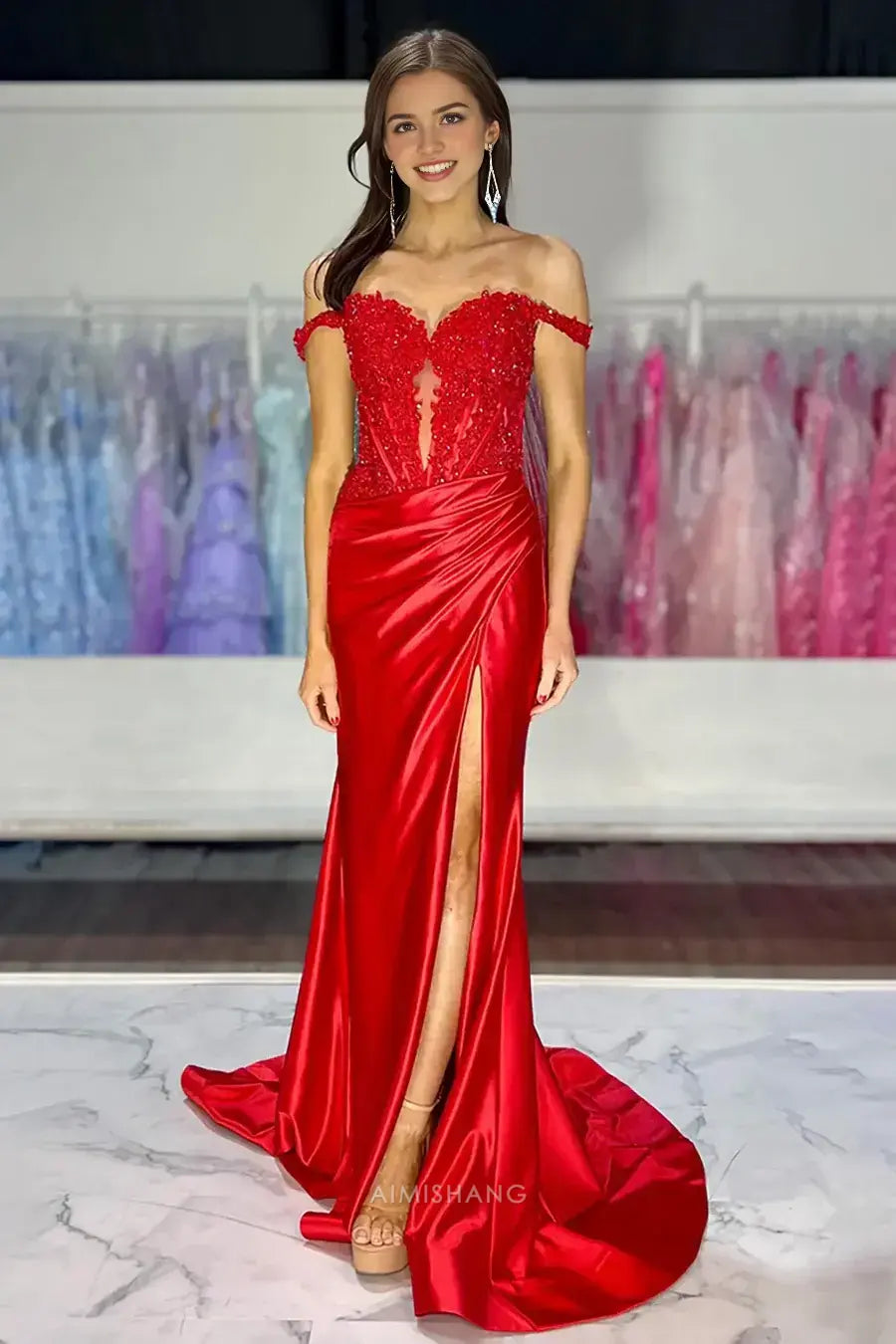 Aimishang Elegant Mermaid Off the Shoulder Long Formal Prom Dress Charming Evening Party Dress with Appliques and Slit