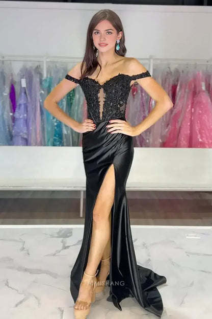 Aimishang Elegant Mermaid Off the Shoulder Long Formal Prom Dress Charming Evening Party Dress with Appliques and Slit
