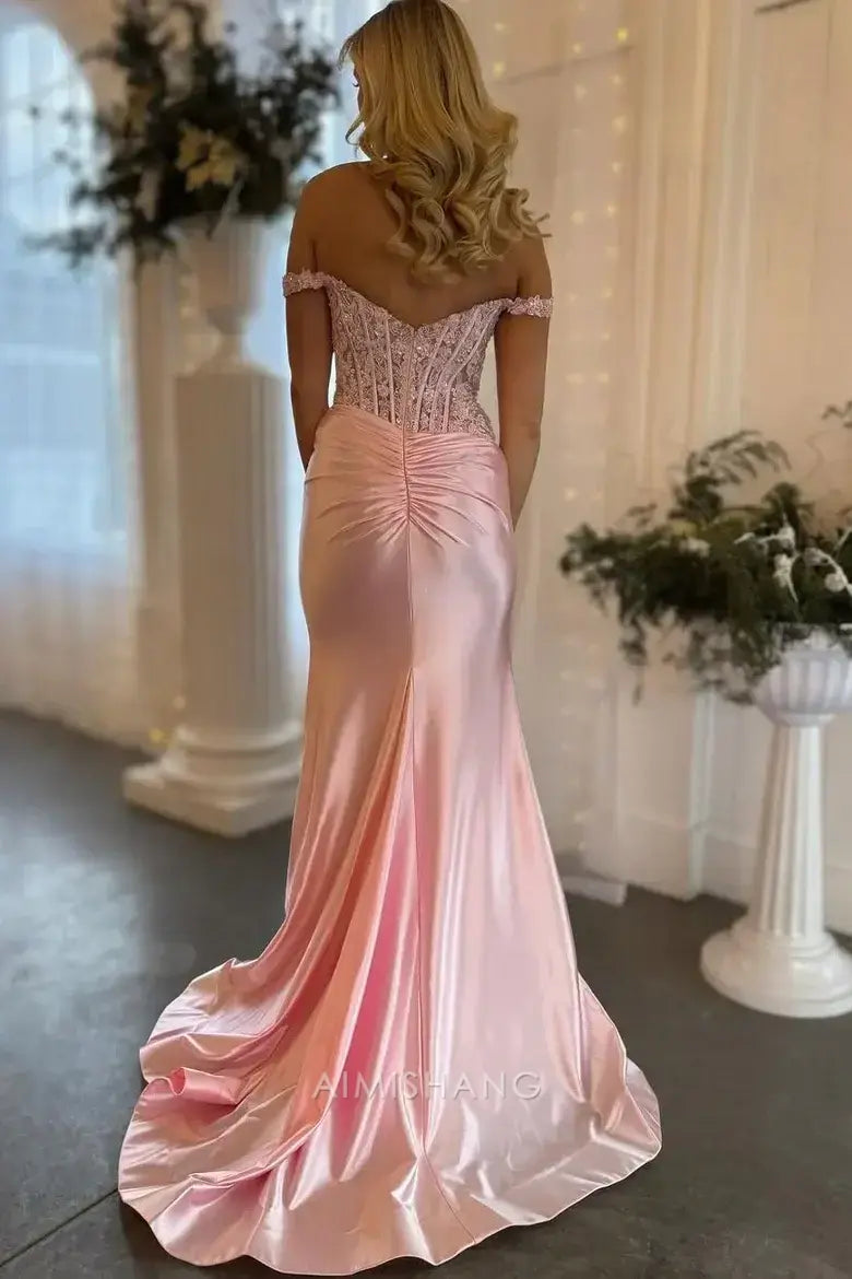 Aimishang Elegant Mermaid Off the Shoulder Long Formal Prom Dress Charming Evening Party Dress with Appliques and Slit