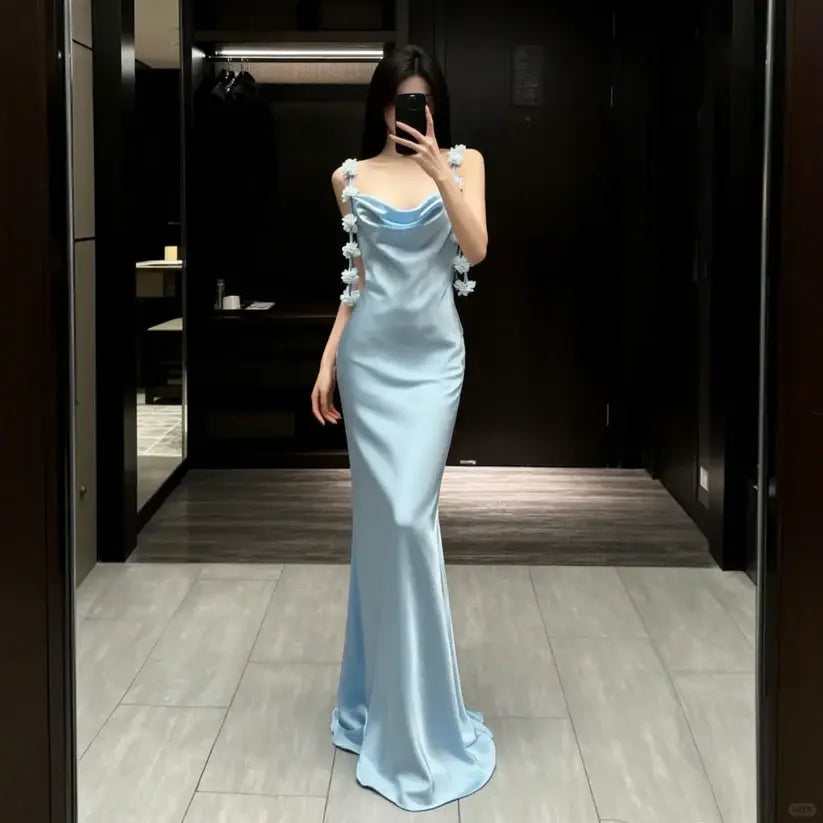 Aimishang Elegant Mermaid Sleeveless Blue Satin Long Formal Prom Dress Charming Party Evening Gowns