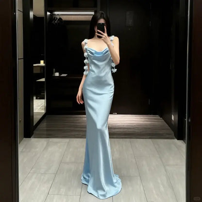 Aimishang Elegant Mermaid Sleeveless Blue Satin Long Formal Prom Dress Charming Party Evening Gowns