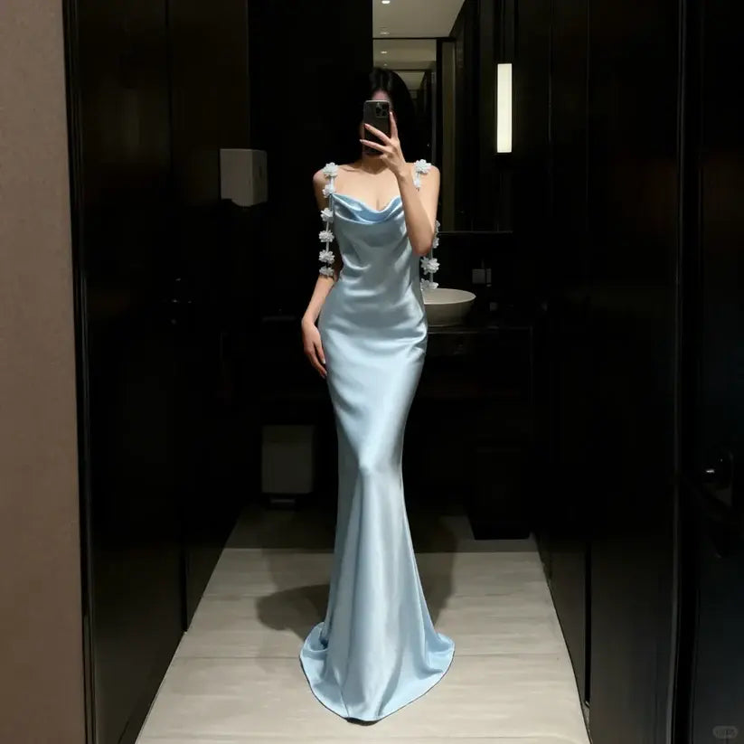 Aimishang Elegant Mermaid Sleeveless Blue Satin Long Formal Prom Dress Charming Party Evening Gowns