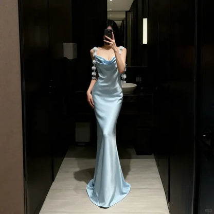 Aimishang Elegant Mermaid Sleeveless Blue Satin Long Formal Prom Dress Charming Party Evening Gowns
