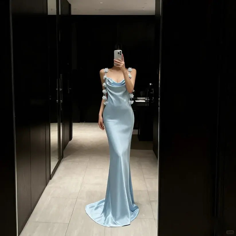 Aimishang Elegant Mermaid Sleeveless Blue Satin Long Formal Prom Dress Charming Party Evening Gowns