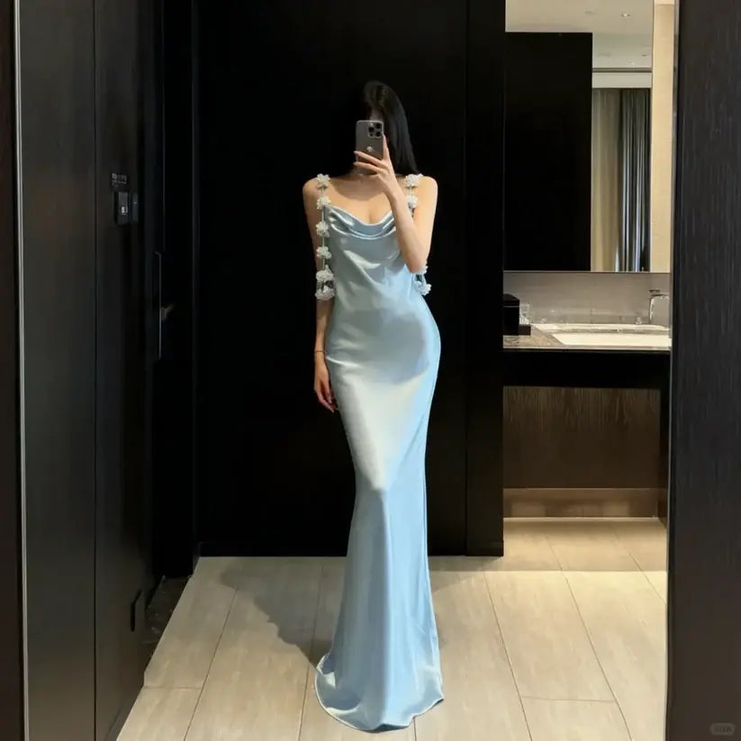 Aimishang Elegant Mermaid Sleeveless Blue Satin Long Formal Prom Dress Charming Party Evening Gowns