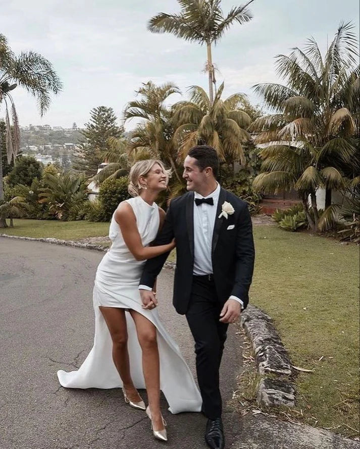 Aimishang Elegant Mermaid Sleeveless Satin Wedding Dresses with Side Slit Sexy Bride Gowns