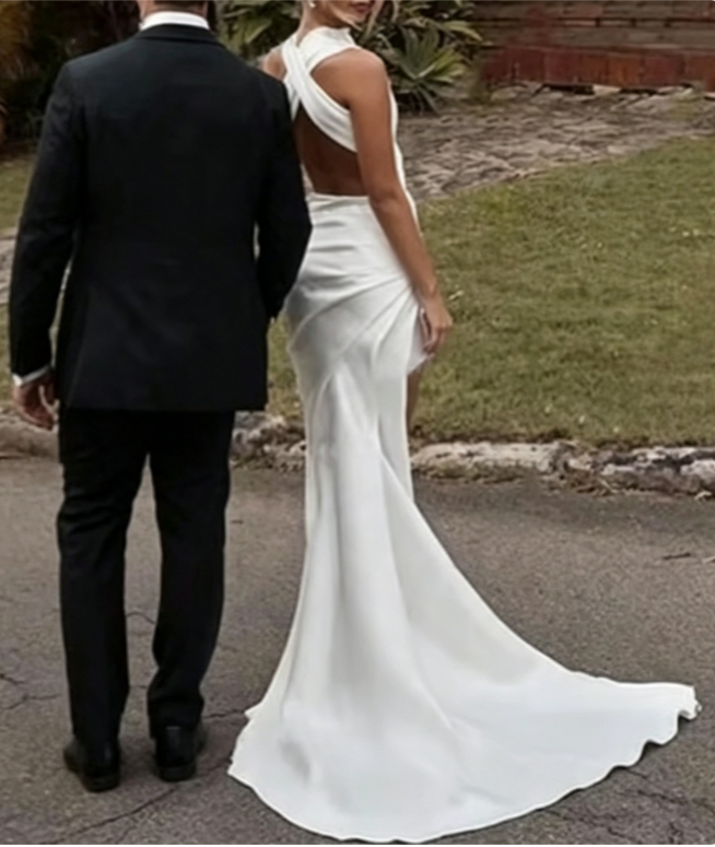 Aimishang Elegant Mermaid Sleeveless Satin Wedding Dresses with Side Slit Sexy Bride Gowns