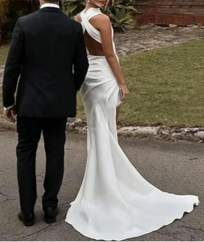 Aimishang Elegant Mermaid Sleeveless Satin Wedding Dresses with Side Slit Sexy Bride Gowns