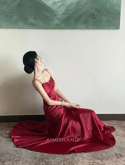 Aimishang Elegant Mermaid Spaghetti Straps Long Formal Prom Dress Sweet Sleeveless Party Evening Gown Charming Graduation Dress