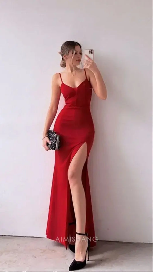 Aimishang Elegant Mermaid Spaghetti Straps Sleeveless Long Formal Prom Dress With Slit Simple Party Evening Gown Charming Wedding Guest Dress