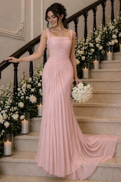 Aimishang Elegant Mermaid Square Neck Sleeveless Ruched Chiffon Evening Gown Women's Party Dress