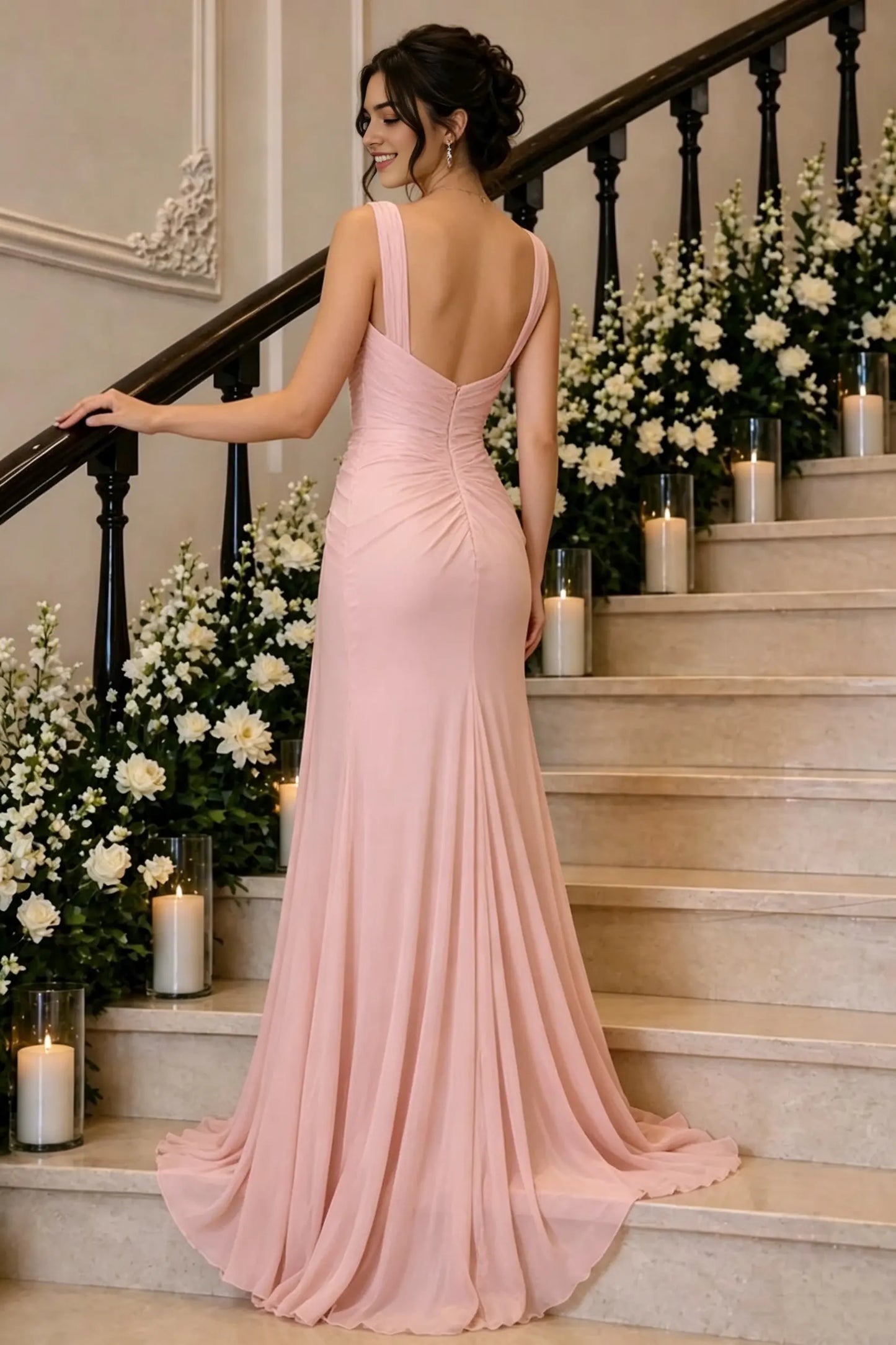 Aimishang Elegant Mermaid Square Neck Sleeveless Ruched Chiffon Evening Gown Women's Party Dress