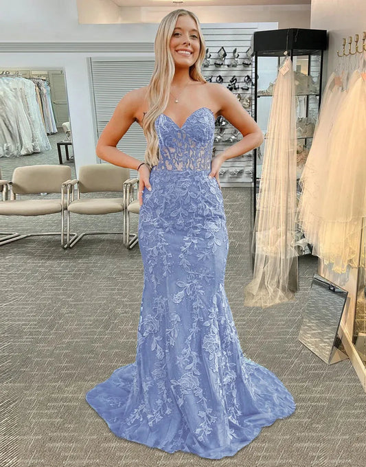 Aimishang Elegant Mermaid Strapless Lace Long Prom Dress with Appliques Charming Evening Party Dress