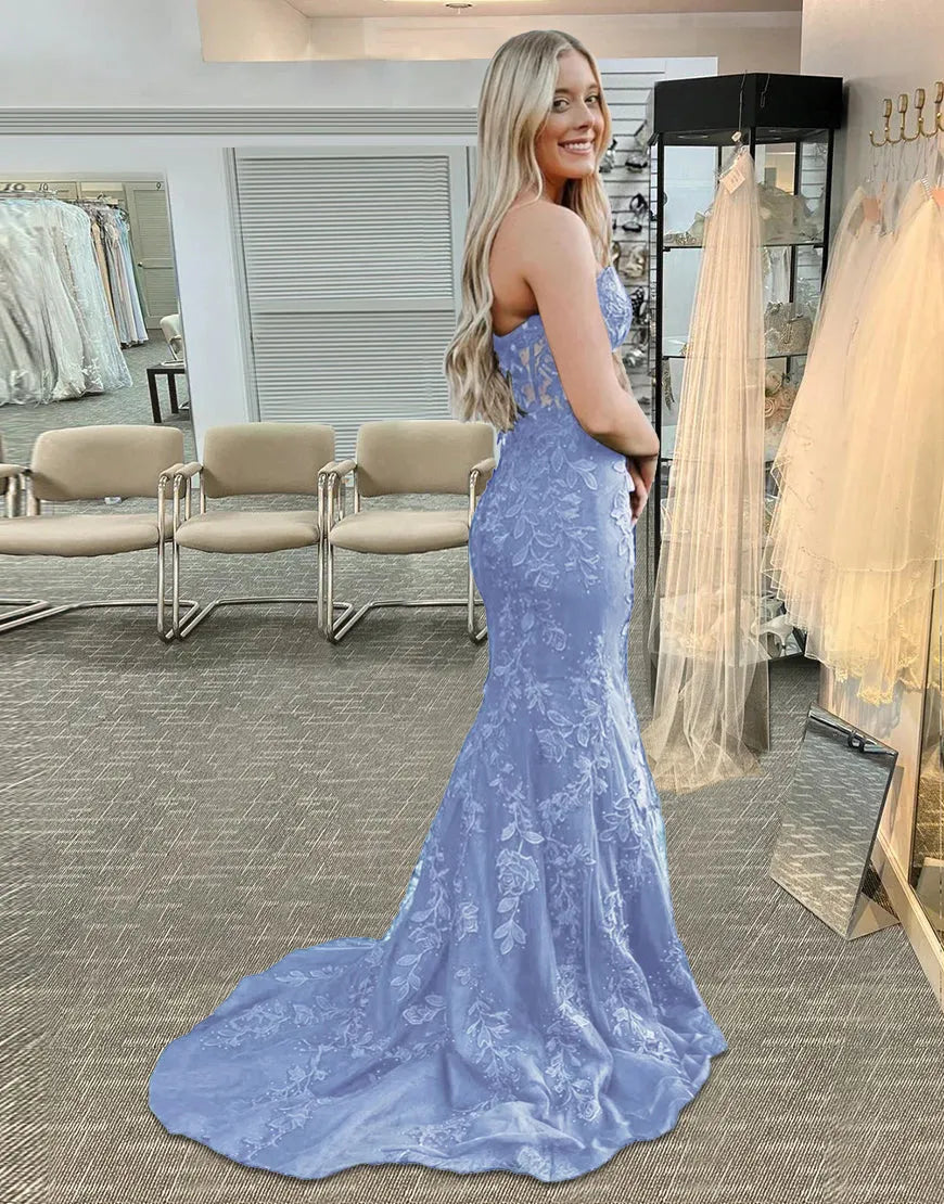 Aimishang Elegant Mermaid Strapless Lace Long Prom Dress with Appliques Charming Evening Party Dress