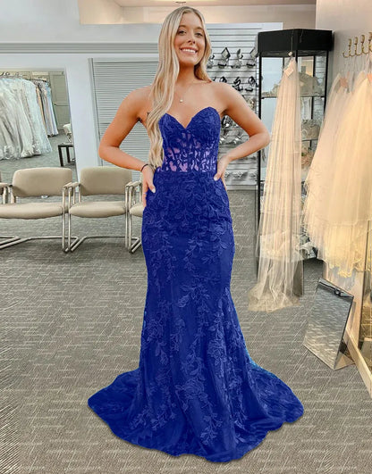 Aimishang Elegant Mermaid Strapless Lace Long Prom Dress with Appliques Charming Evening Party Dress