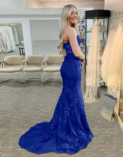 Aimishang Elegant Mermaid Strapless Lace Long Prom Dress with Appliques Charming Evening Party Dress