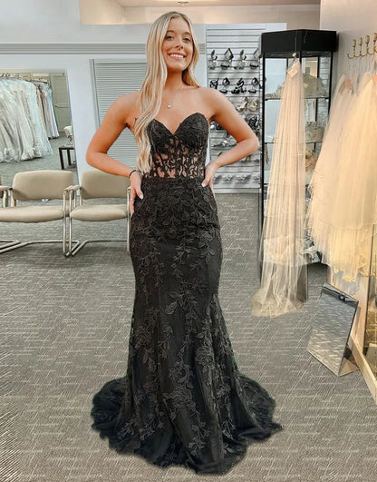 Aimishang Elegant Mermaid Strapless Lace Long Prom Dress with Appliques Charming Evening Party Dress