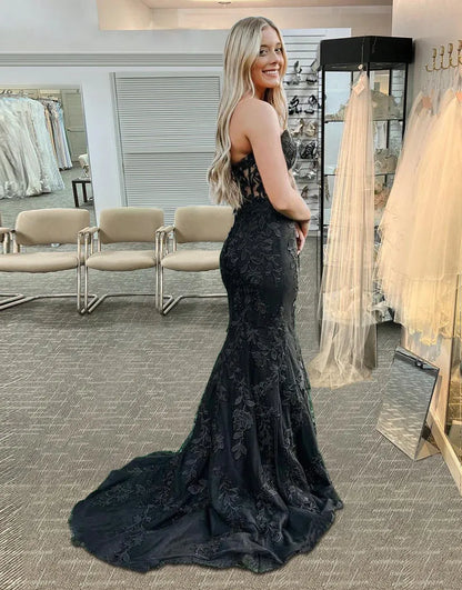 Aimishang Elegant Mermaid Strapless Lace Long Prom Dress with Appliques Charming Evening Party Dress