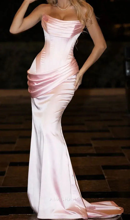 Aimishang Elegant Mermaid Strapless Sleeveless Long Formal Prom Dress Sweet Wedding Guest Party Dress Charming Evening Gown