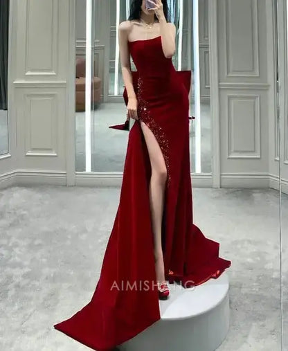 Aimishang Elegant Mermaid Strapless Sleeveless Long Formal Prom Dress With Slit Sexy Party Evening Gown Charming Graduation Dress