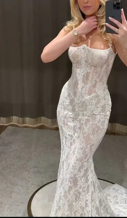 Aimishang Elegant Mermaid Straps Appliques Lace Wedding Dress Floor Length Charming Bridal Gown