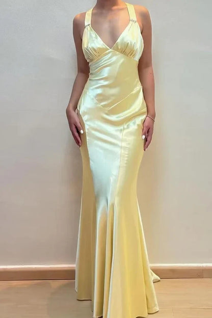 Elegant Mermaid V-Neck Sleeveless Ruched Yellow Satin Floor-Length Gown for Women Party Event