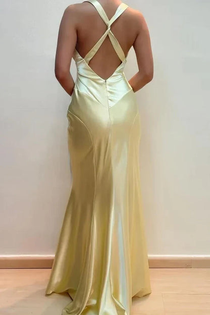 Elegant Mermaid V-Neck Sleeveless Ruched Yellow Satin Floor-Length Gown for Women Party Event