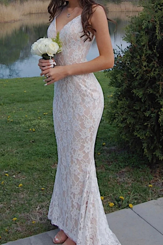 Aimishang Elegant Mermaid V-Neck Spaghetti Straps Lace Long Formal Prom Dress Classy Wedding Dress Party Dress