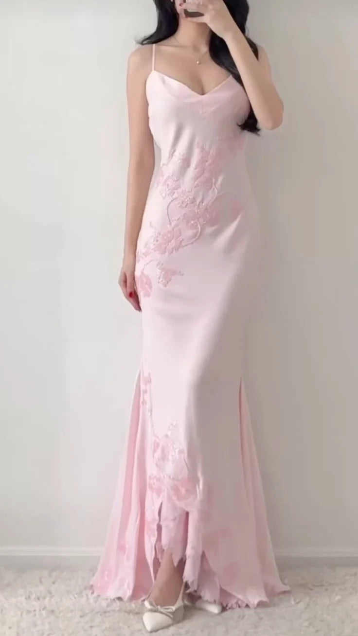 Elegant Mermaid V-neck Spaghetti Straps Sleeveless Satin Floor-Length Women's Prom Dress