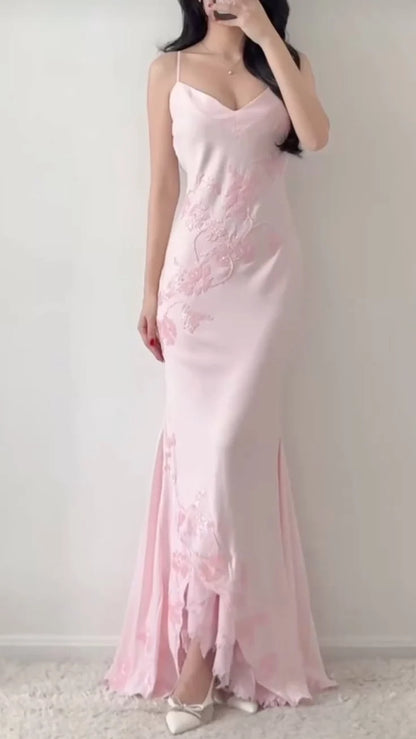 Elegant Mermaid V-neck Spaghetti Straps Sleeveless Satin Floor-Length Women's Prom Dress