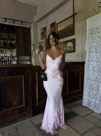 Elegant Mermaid V-neck Spaghetti Straps Sleeveless Satin Floor-Length Women's Prom Dress