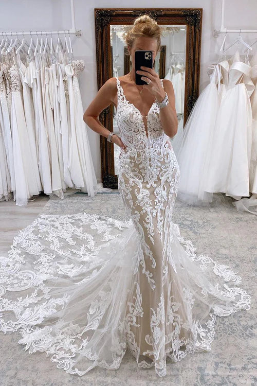 Aimishang Elegant Mermaid V Neck Tulle Lace Wedding Dresses with Train Charming Bridal Gown
