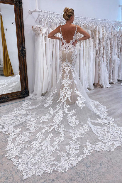 Aimishang Elegant Mermaid V Neck Tulle Lace Wedding Dresses with Train Charming Bridal Gown