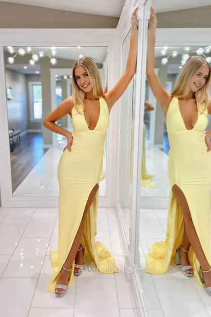 Aimishang Elegant Mermaid V Neck Yellow Long Formal Prom Dress Charming Evening Gown Sexy Party Dress with Slit