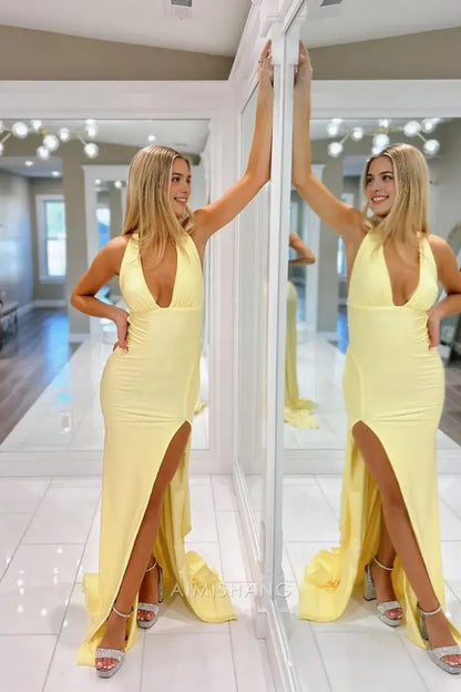 Aimishang Elegant Mermaid V Neck Yellow Long Formal Prom Dress Charming Evening Gown Sexy Party Dress with Slit