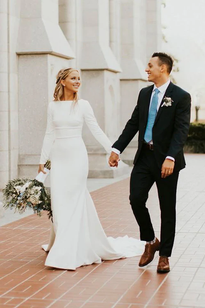 Aimishang Elegant Modest Long Sleeves Wedding Dress With Sweep Train Simple Bridal Gown