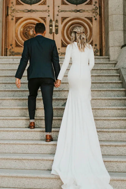 Aimishang Elegant Modest Long Sleeves Wedding Dress With Sweep Train Simple Bridal Gown