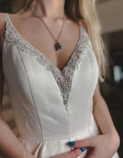 Aimishang Elegant Noble A-line V-Neck Chapel Train Satin Wedding Dress With Beading Chic Bridal Gown