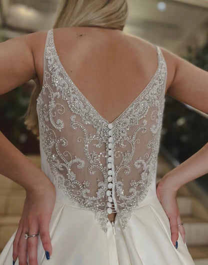 Aimishang Elegant Noble A-line V-Neck Chapel Train Satin Wedding Dress With Beading Chic Bridal Gown