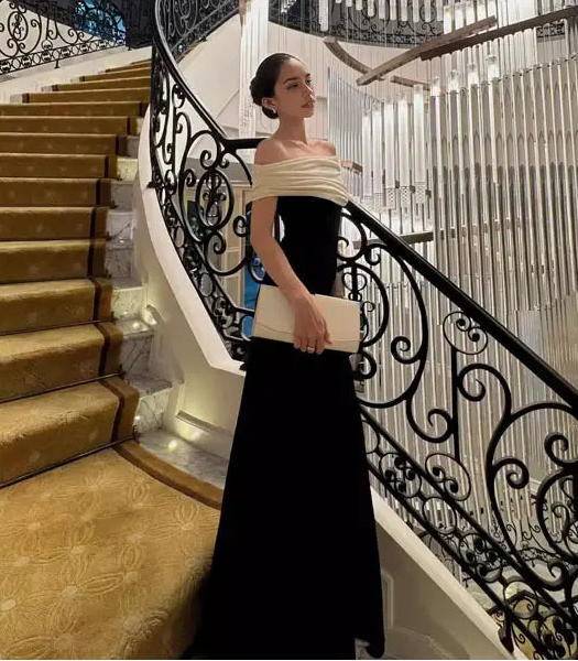 Aimishang Elegant Off-Shoulder Contrast Party Evening Down Classy Long Formal Prom Dress for Women