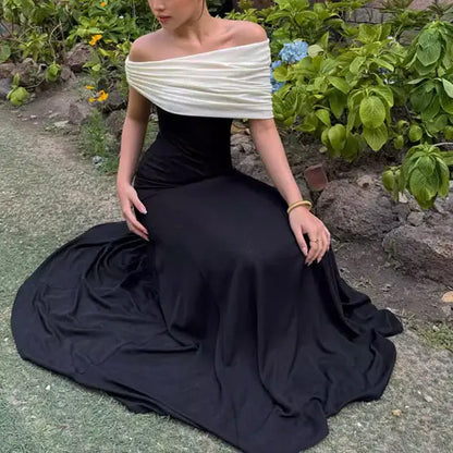 Aimishang Elegant Off-Shoulder Contrast Party Evening Down Classy Long Formal Prom Dress for Women