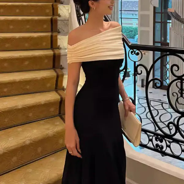 Aimishang Elegant Off-Shoulder Contrast Party Evening Down Classy Long Formal Prom Dress for Women
