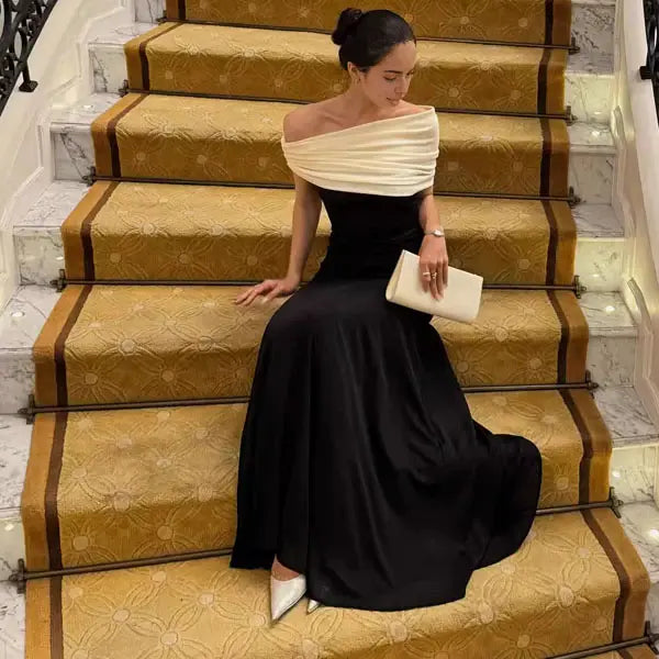 Aimishang Elegant Off-Shoulder Contrast Party Evening Down Classy Long Formal Prom Dress for Women