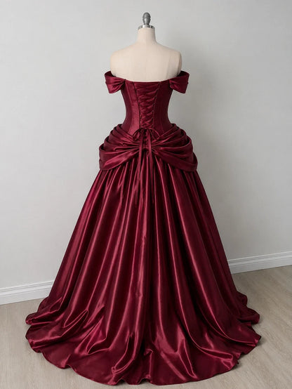 Aimishang Elegant Off-Shoulder Sweetheart Ball Gown Formal Satin Long Prom Dress for Women