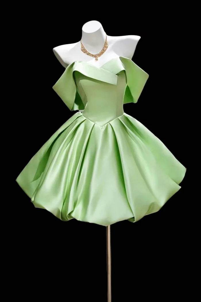 Aimishang Elegant Off-the-Shoulder A Line Green Satin Short Party Prom Dress Lovely Homecoming Dress