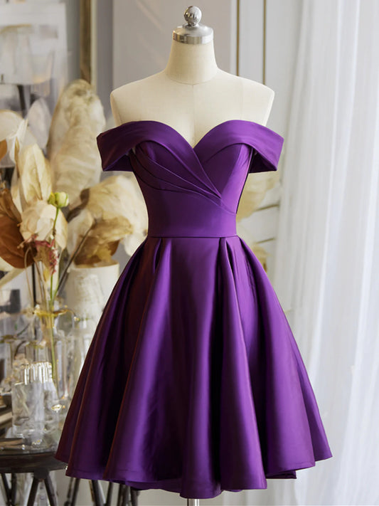 Aimishang Elegant Off Shoulder A Line Purple Satin Short Party Pom Dress Simple Homecoming Dress